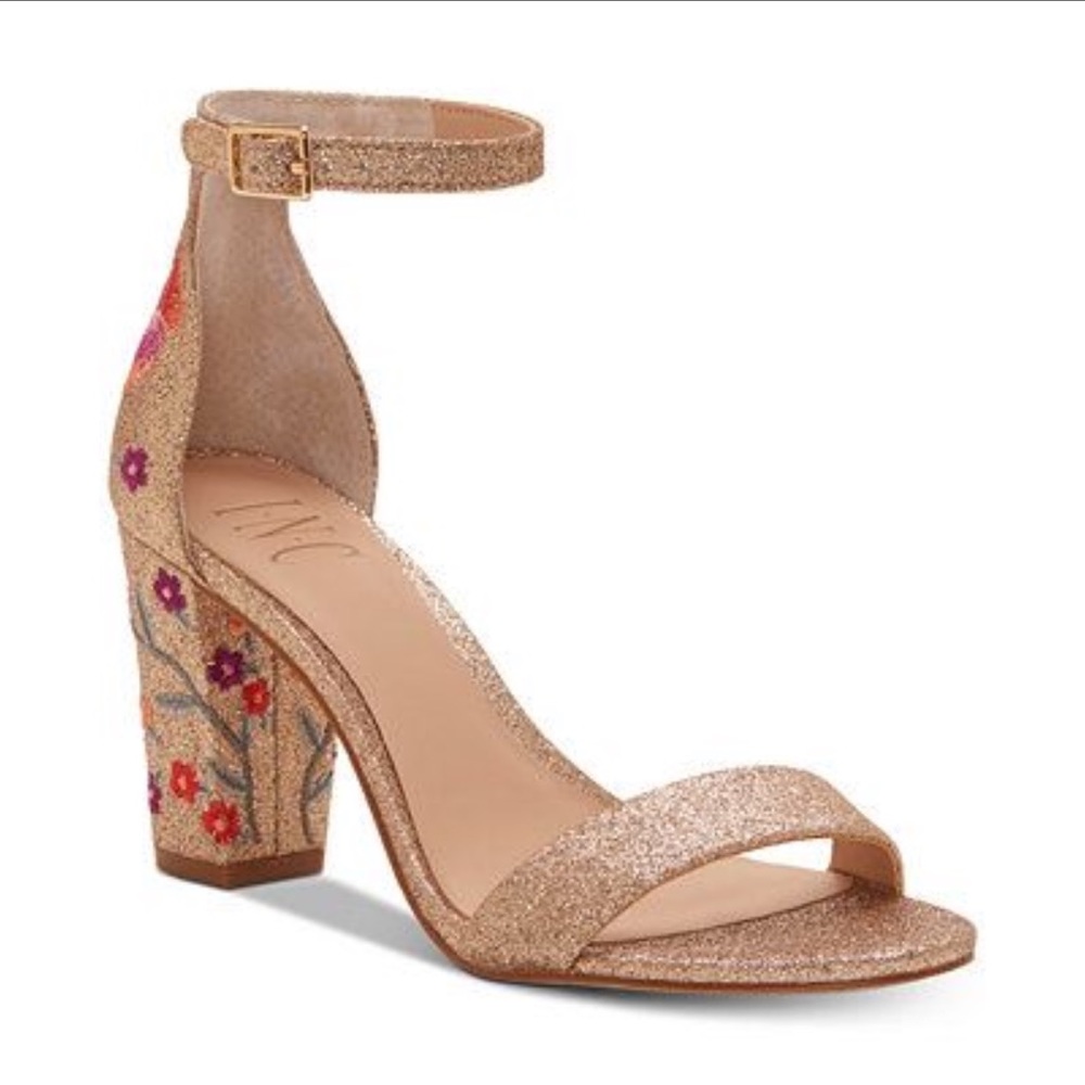 INC Kivah two piece strappy sandals block heels embroidered floral rose gold 10